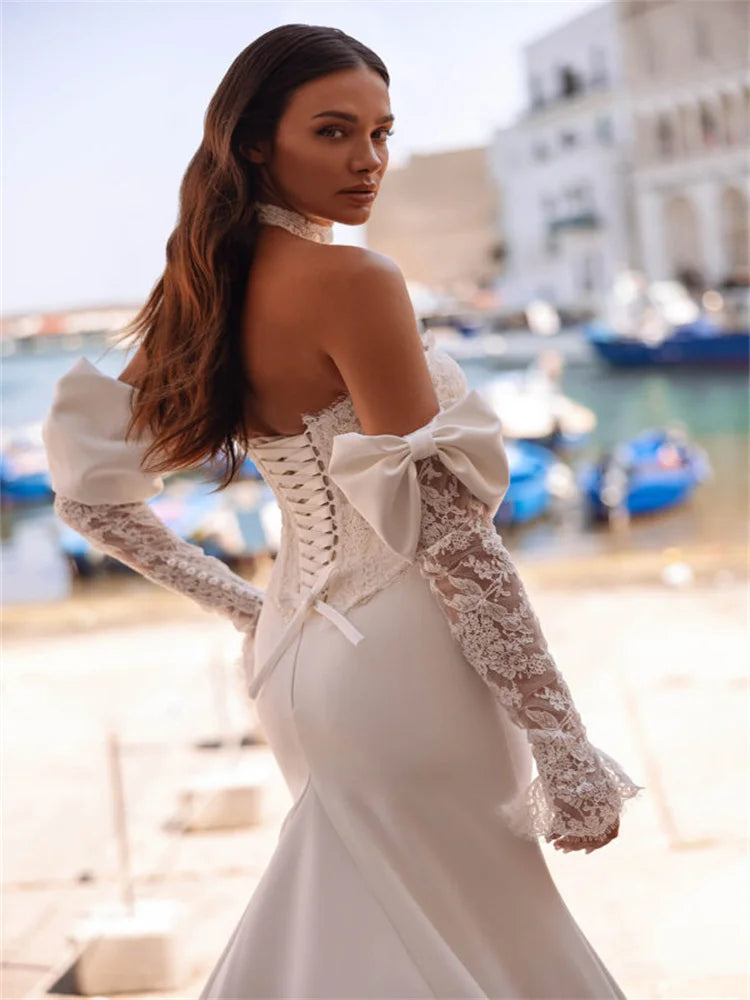Customized Strapless Neckline Long Sleeves Satin Mermaid Wedding Dress Lace-up Back Floor Length Sweep Train Gown For Bride 2027