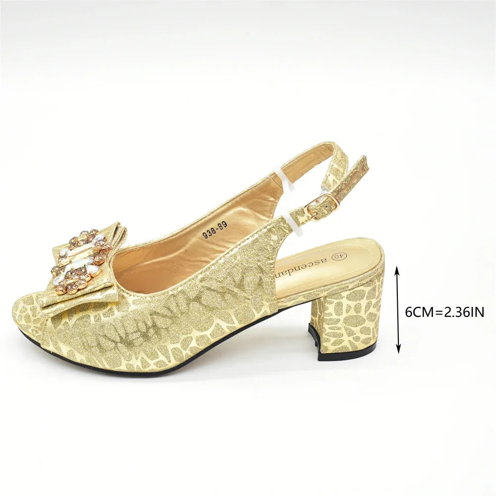 Classics Style New Arrivals Italian Women Shoes Matching Bag Set in Gold Color Comfortable Heels Pumps for Wedding Women Heels