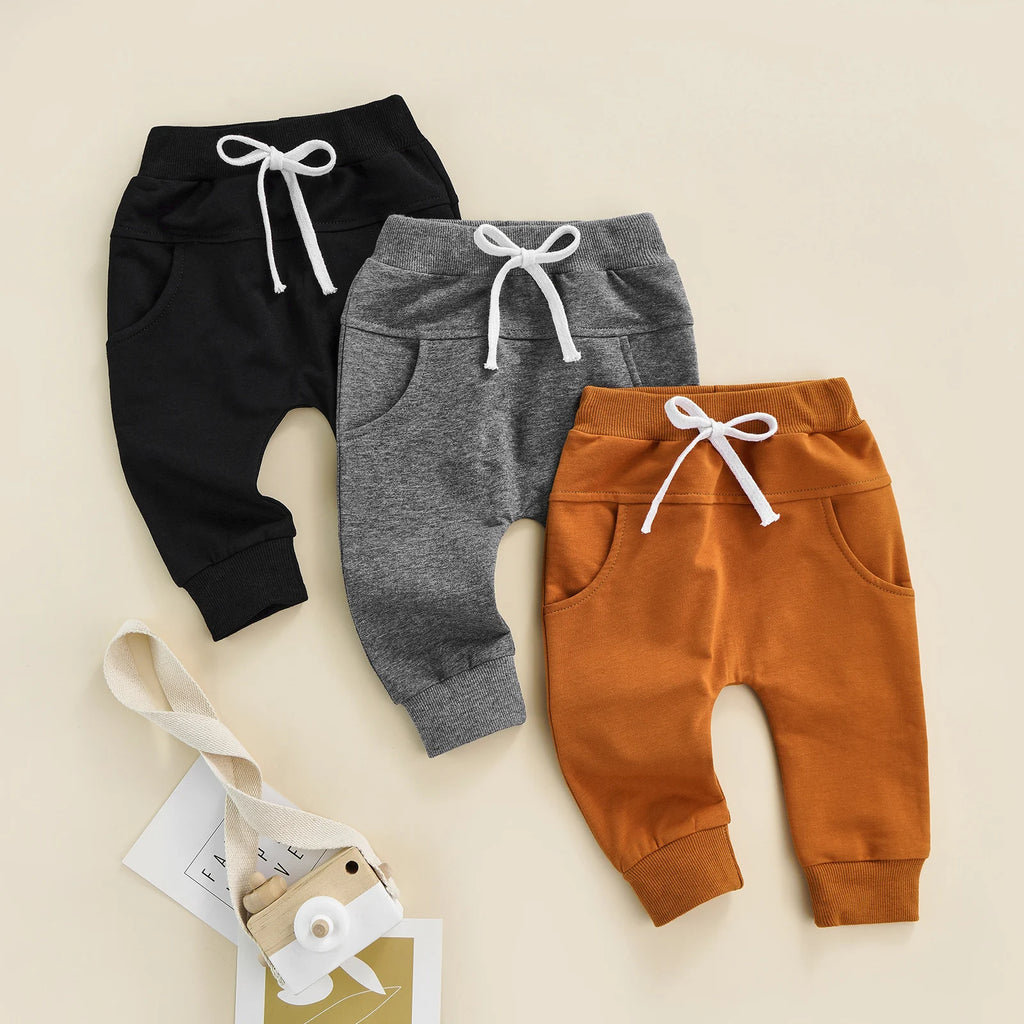 Newborn Baby Boys Girls Trousers, Elastic Waist Adjustable Drawstring Plain Leisure Style Loose Fit Long Pants 0-3T