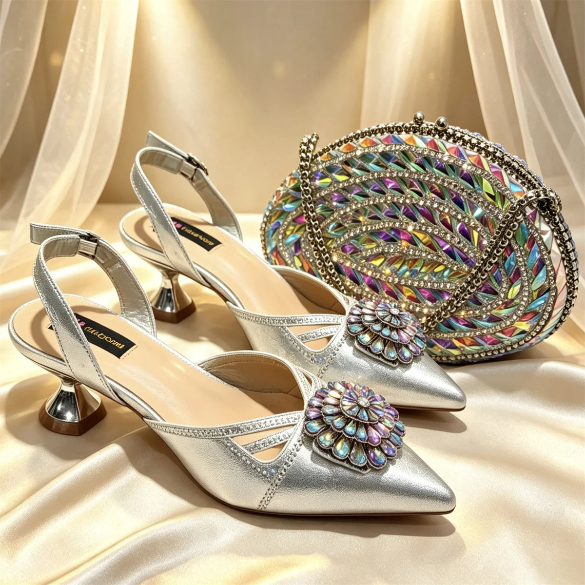 Shimmery Glitter Slingback Women High Heels Fuchsia Shoes and Matching Bag Set Rhinestone Wedding Party Banquet Events