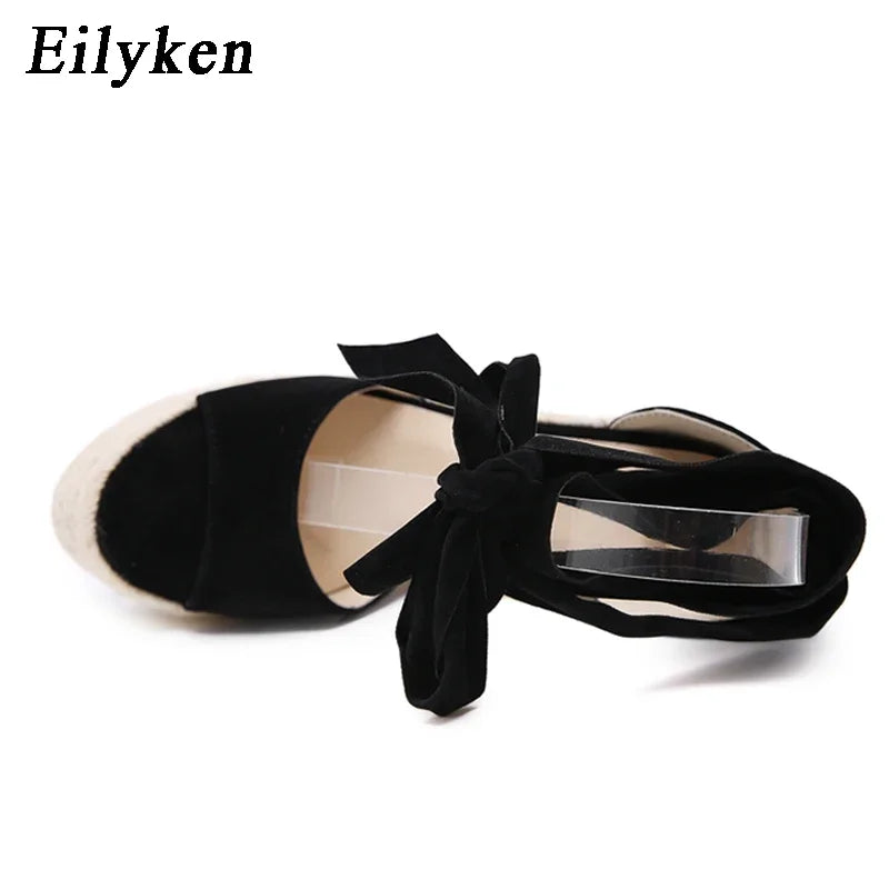EilyKen Summer Butterfly-Knot Open Toe Women Sandals Fashion Solid Platform High Heel Wedge Shoes Ankle Lace-up Pumps