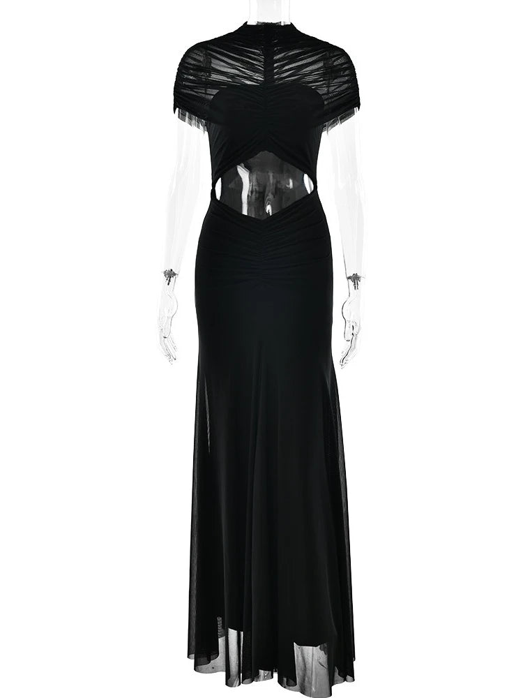XIAOTANG Hollow Out Short Sleeve Sexy Maxi Dress Women Fashion O Neck Ruched High Waist Bodycon Club Party Long Dress Female