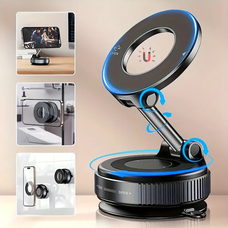 Upgraded Foldable Magnetic Car Phone Holder – N52 Magnet, 360° Rotatable, Dashboard Suction Cup, ABS, with Wrench & Mount Pad