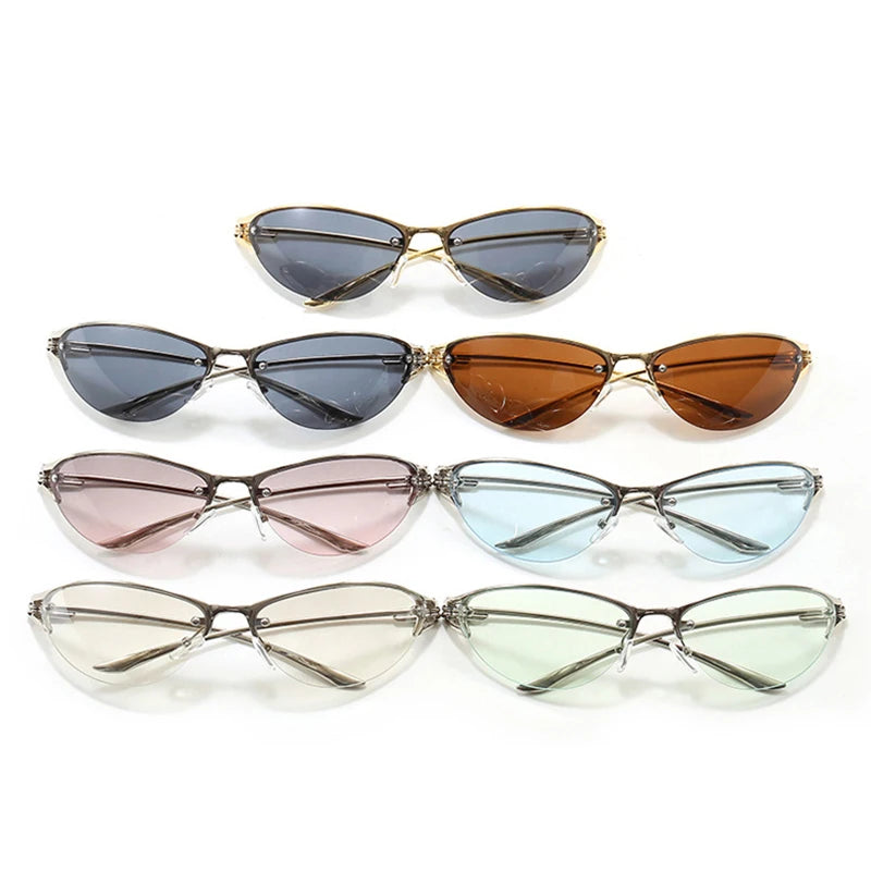 New Silver Y2K Metal Cat Eye Sunglasses Women Fashion Half Frame Clear Gradient Shades UV400 Men Trending Sun Glasses Uv400