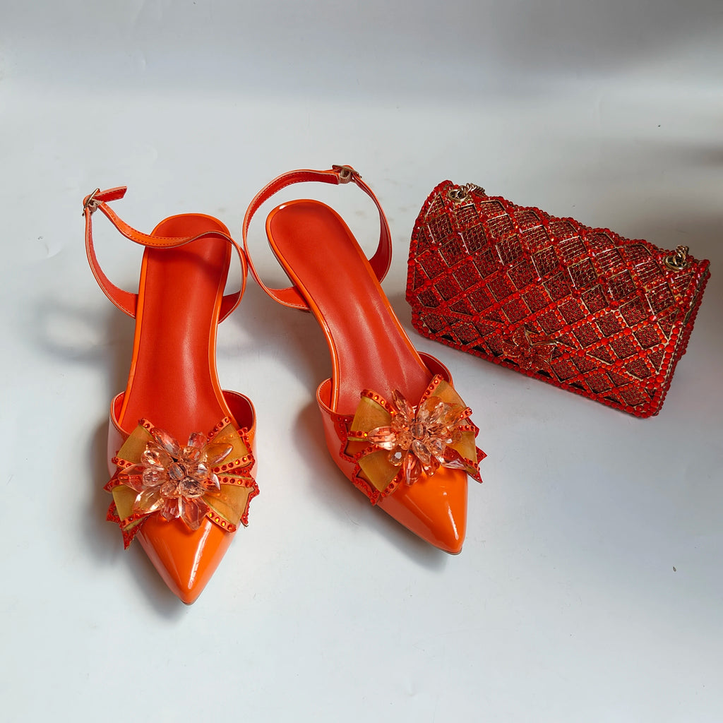 Insightlink New Orange Bow Crystal Slingback Heels Matching Grid Rhinestone Clutch Set Women Bridal Wedding Formal Party Kit