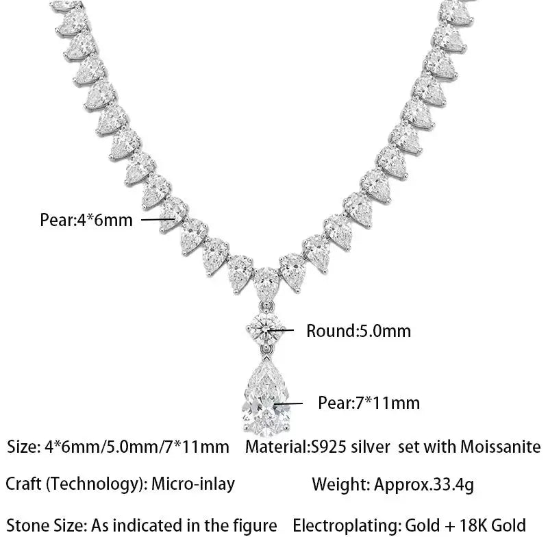 S925 Sterling Silver Pear Cut Moissanite Tennis Necklace For Women 18K Gold Plated Water Drop Pendant VVS1 Moissanite Wedding Ba