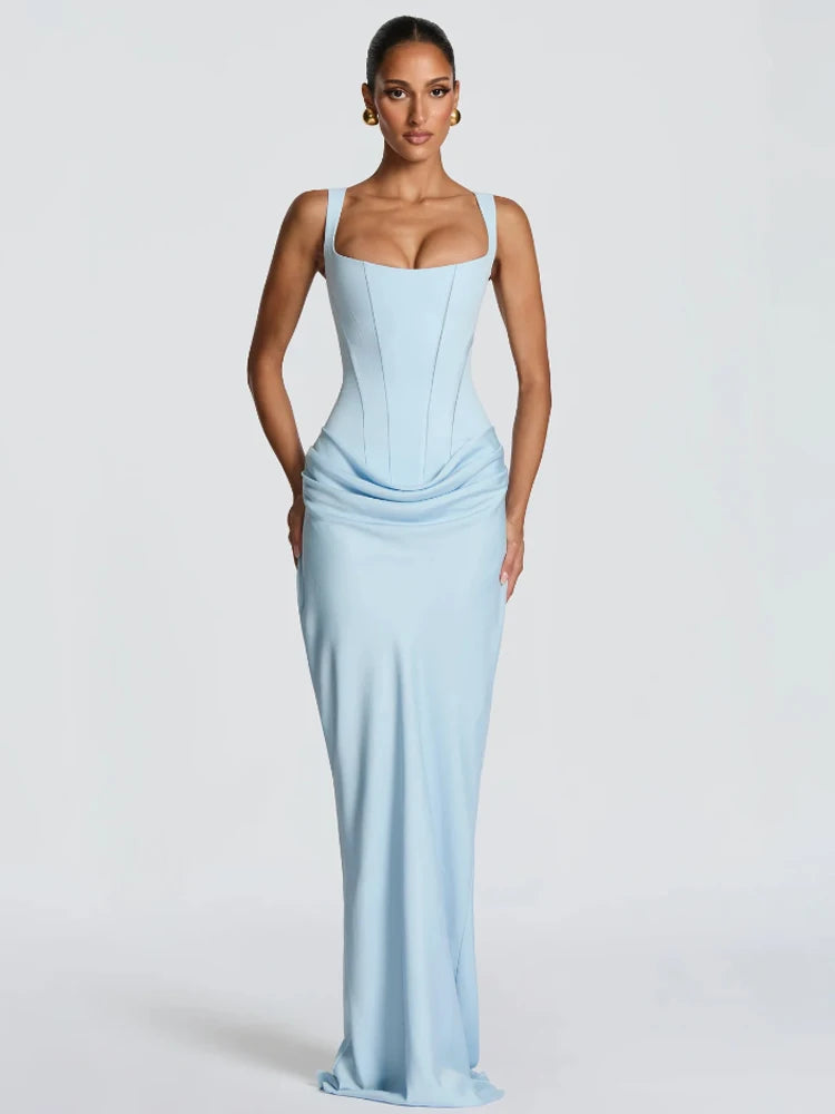 Elegant Yellow Strapless Pleated Long Dress Women Chic Solid Sleeveless Waist Cinching Split Gown 2026 Lady Evening Party Robes