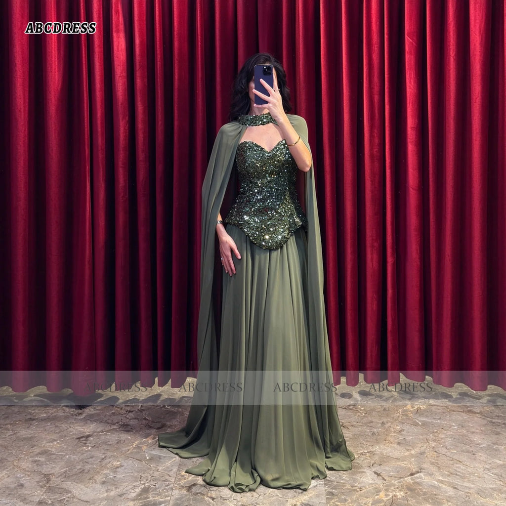 ABC Customized Luxury Olive Green Halter Neck Evening Dress robes de soirée Sequin Sweetheart Cape Sleeve A Line Formal Gown