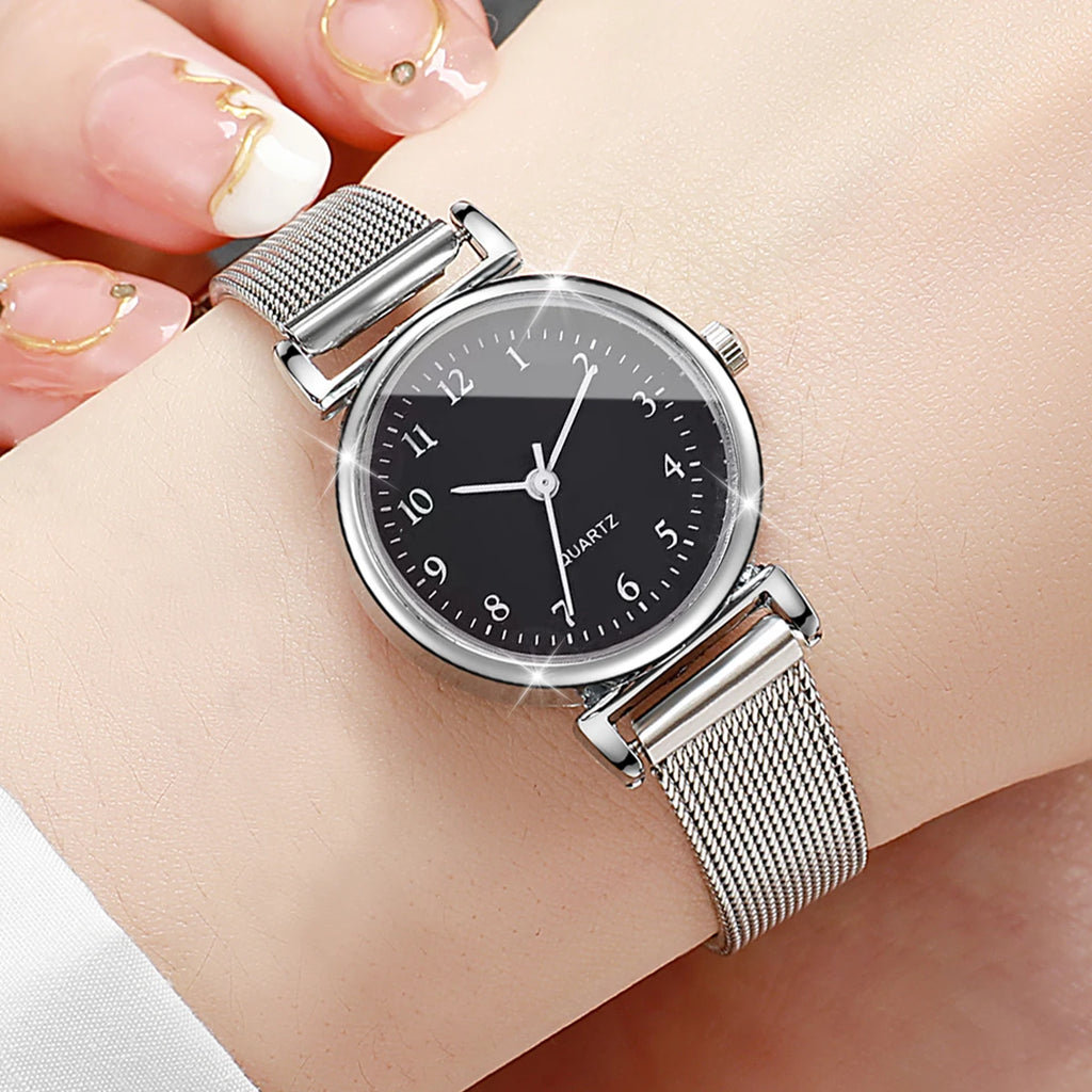 6PCS Fashion Women Watches Small Arabic Dial Quartz Watch Ladies Silver Mesh Band Wristwatches Jewelry Reloj Mujer（Without Box）