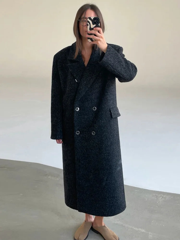 Chic Women's Woolen Overcoat Autumn Winter Solid Lapel Double Breasted Long Sleeve Long Coat 2026 Elegant Lady Street Outwear