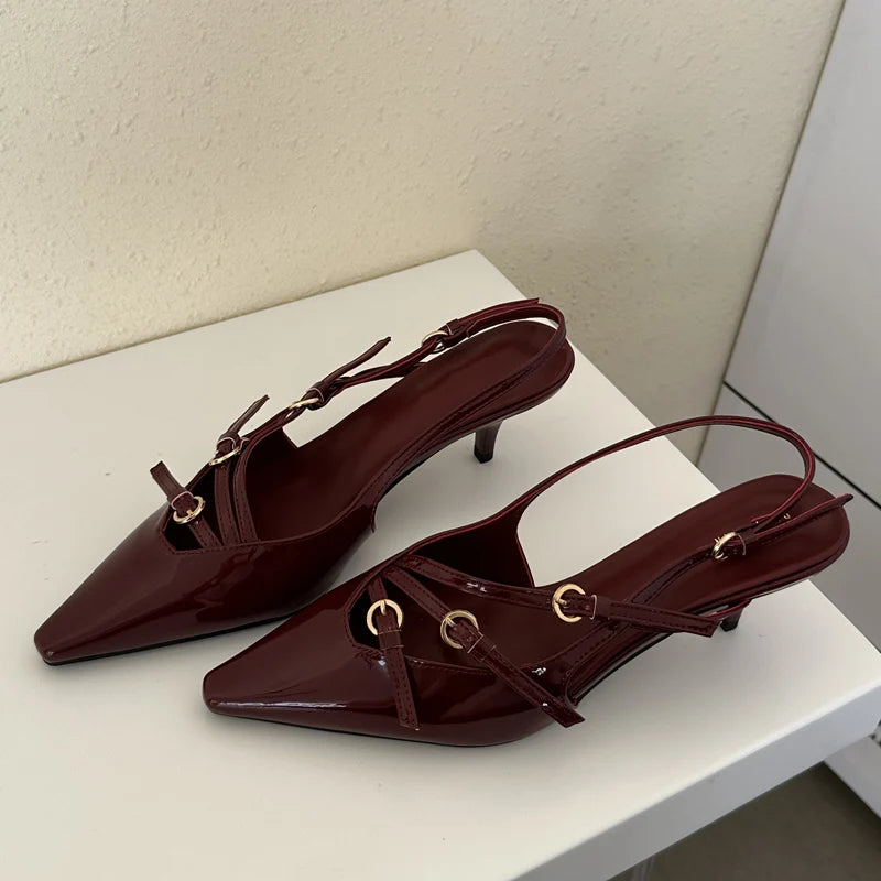 Eilyken Designer Narrow Band Buckle Strap Pumps Women Sexy Pointed Toe Low Thin Heels Wedding Banquet Dress Mule Ladies Shoes