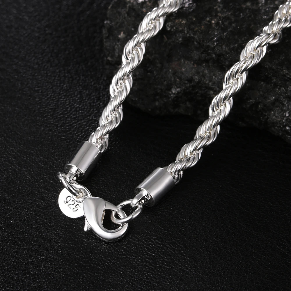 high quality silver color 4MM women men chain male twisted rope necklace bracelets fashion Silver jewelry Set