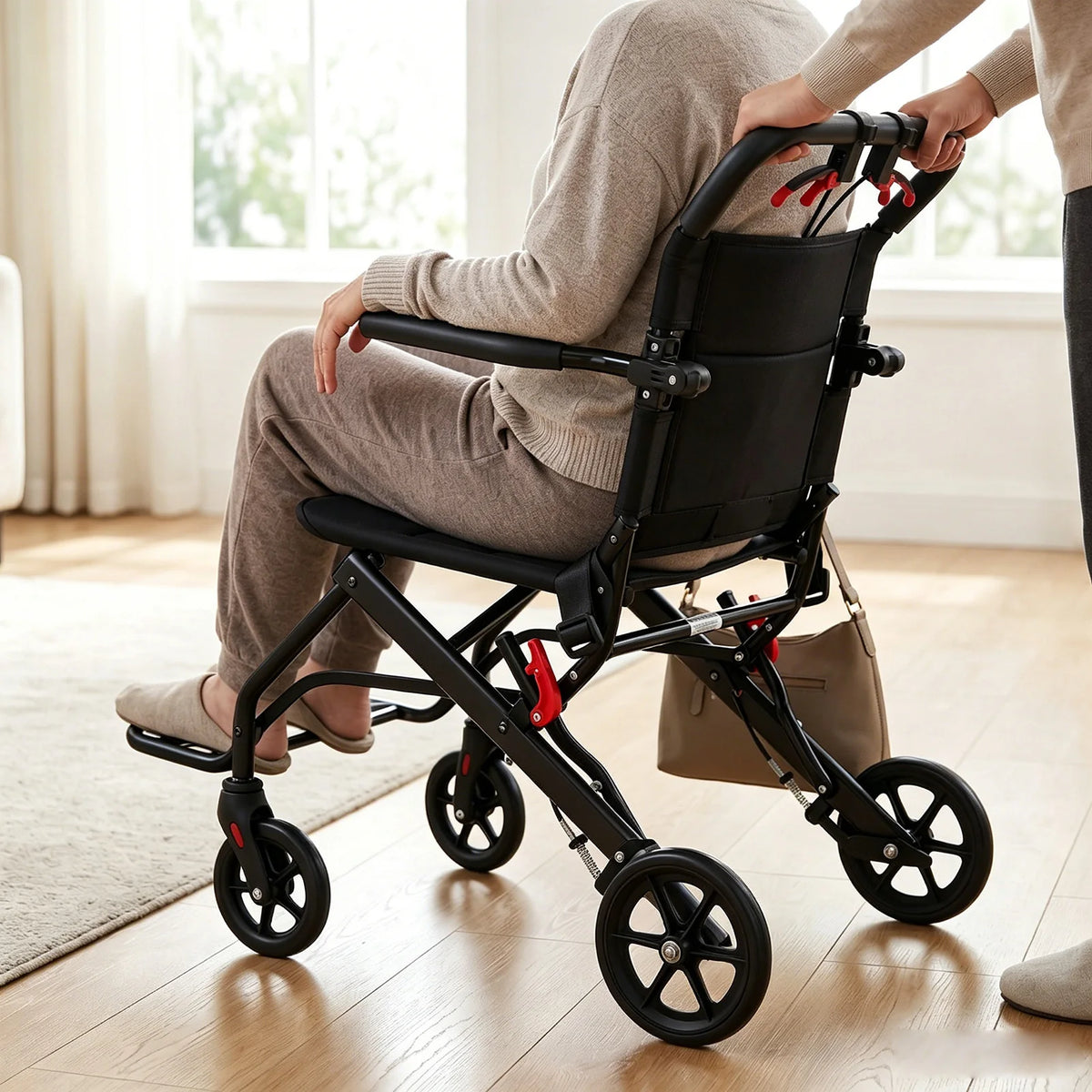 Folding Lightweight Wheelchair Transport Chair 13lbs Foldable Portable Mobility Seat with Brake Safe Belt for Elderly Disability