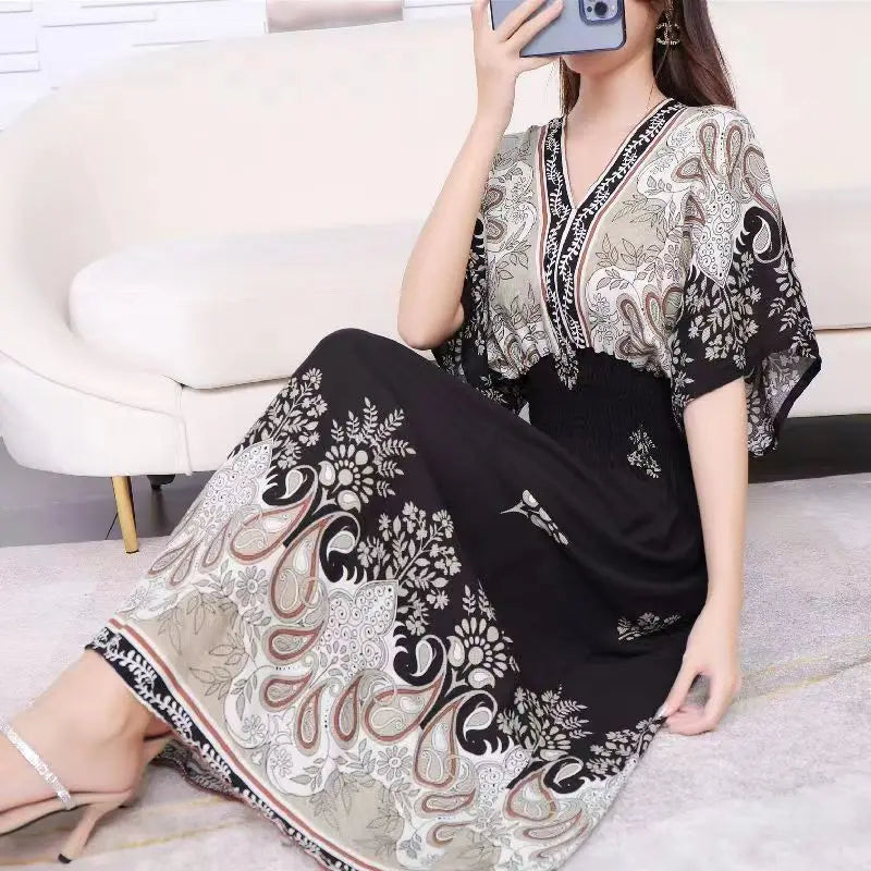 2025 Summer New Casual Elegant Retro Bohemian Style V-neck Elastic Waist Large Swing Printed Long Skirt Autumn Summer Dress