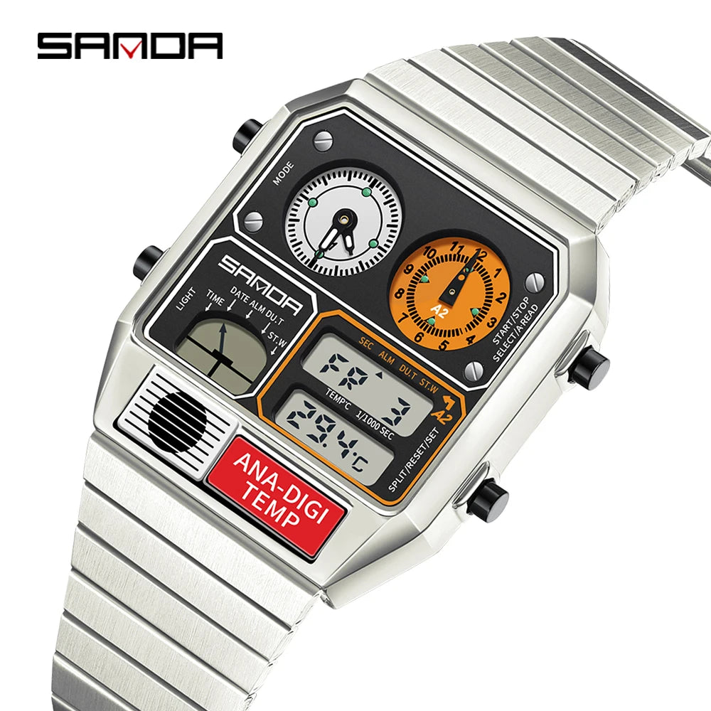 SANDA 3192 hot selling LED electronic square men's youth leisure thermometer stopwatch timing code multifunctional men's watch