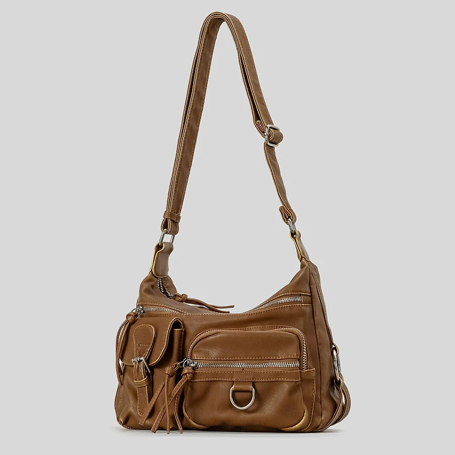 Vintage Multiple Pockets Women Shoulder Bags Luxury Washed Pu Leather Crossbody Bag Retro Motorcycle Bag Y2K Sac for Girls 2026