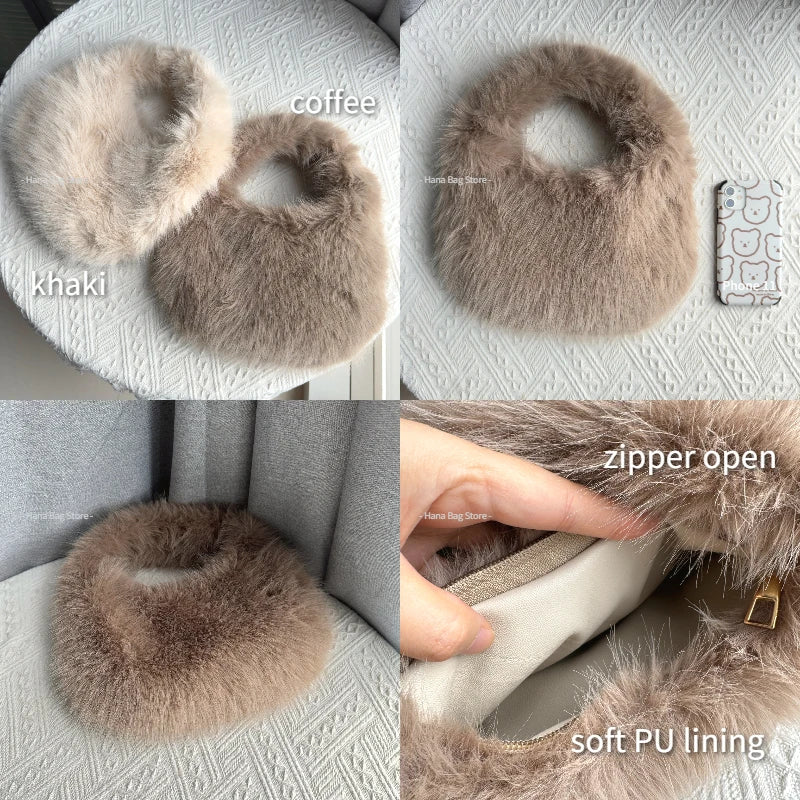 Winter Casual Furry Shoulder Bags for Women Solid Color Soft Plush Ladies Clutch Purse Handbags Lightweight Female Hobos Bag