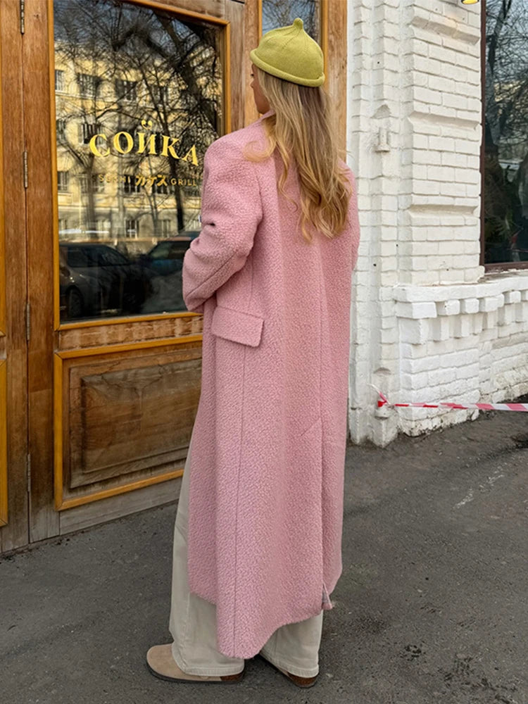 Chic Women's Woolen Overcoat Autumn Winter Solid Lapel Double Breasted Long Sleeve Long Coat 2026 Elegant Lady Street Outwear