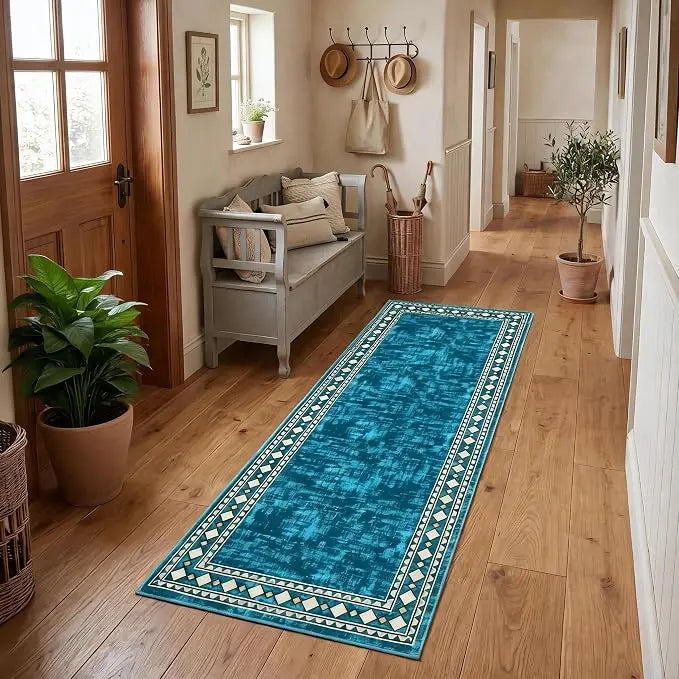 Runner Rug Modern Bordered Hallway Runner Rug, Washable Area Rug Stain Resistant Non-Slip Carpet Minimalist Border Floor Cover Entryway Rug for Laundry Kitchen