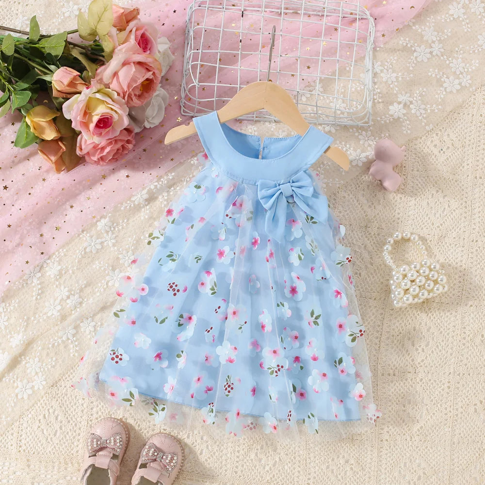 (0-3 Years) New Summer Girls Dress Halter Floral Floral Mesh Bow Round Neck Sweet Princess Dress Birthday Party Party Dress