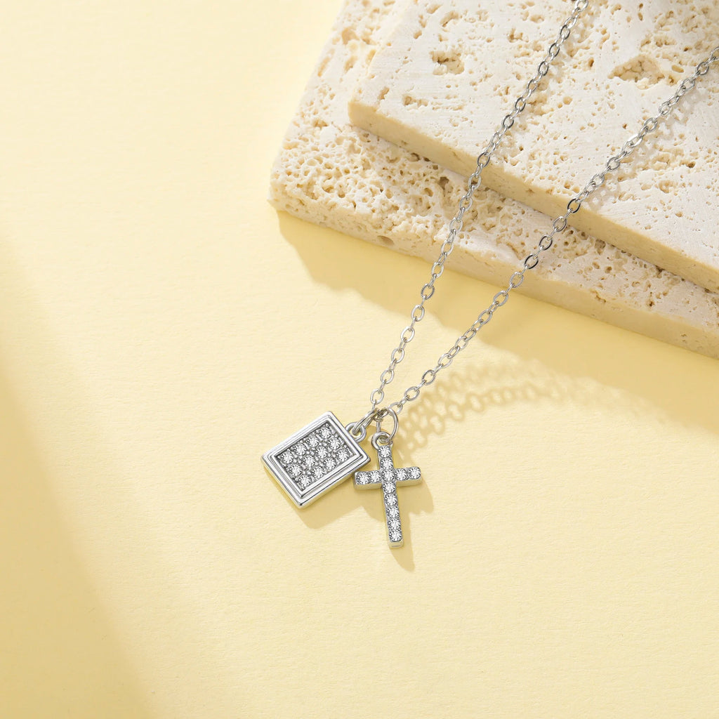Skyrim Clear Zircon Cross Pendant Necklace Women Gold Plated Stainless Steel Filled Beading Chain Choker Religious Jewelry Gift