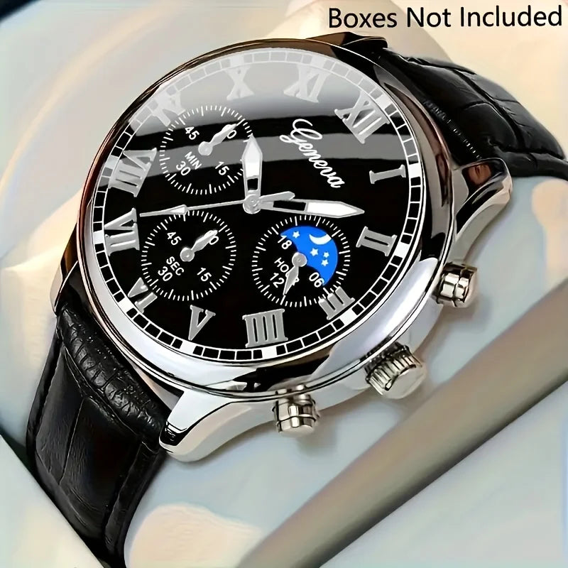 Casual men's quartz watch, fashionable business PU leather watch bracelet combination, suitable for daily use or gift gifts