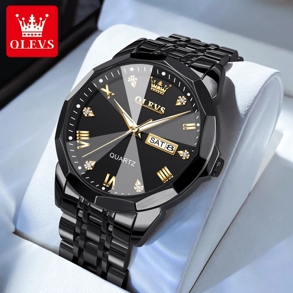 OLEVS Men's Watches Rhombus Mirror Original Quartz Watch for Man Waterproof Luminous Stainless Steel Wristwatch Male Date Week