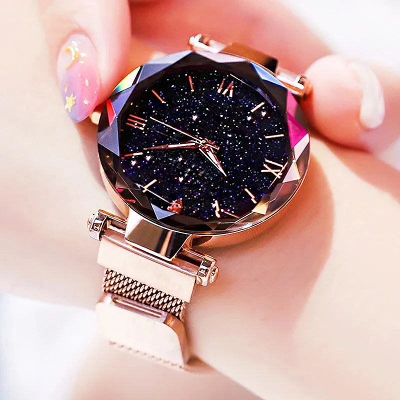 1pcs Moda Feminina Starry Sky Relógios Magnet Buckle Mesh Belt Diamante Quartz Watch Mulheres Vestido Relógio