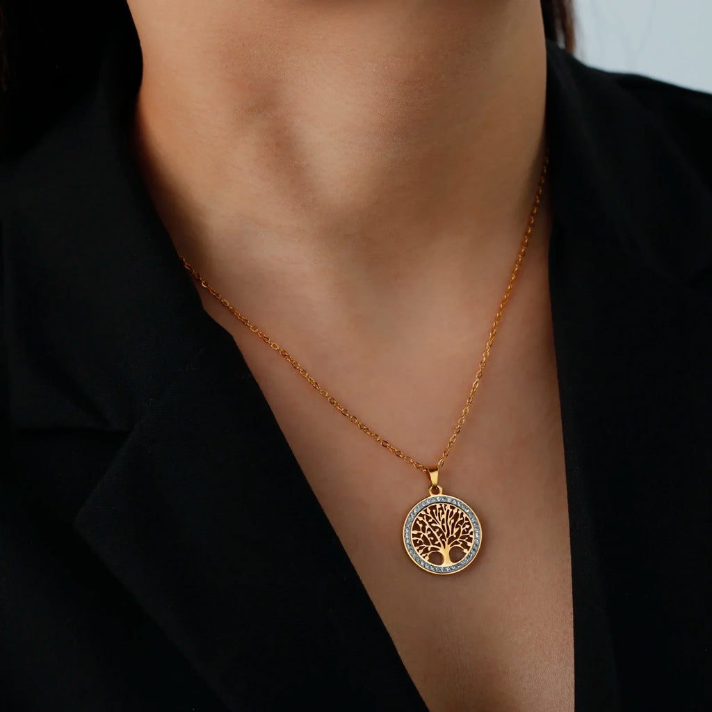 Stainless Steel Tree of Life Pendant Necklace for Women Hollow Life Tree Necklace With AAA Zircon Border, Waterproof Hypoallergenic Non Fade Adjustable Chain Jewelry Gift