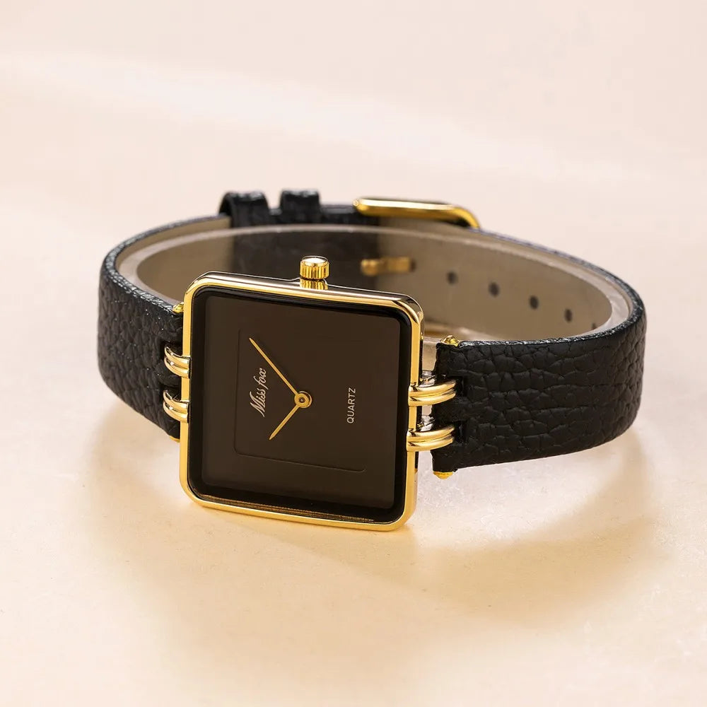 Square Quartz Watch with Leather Strap – Three Colors