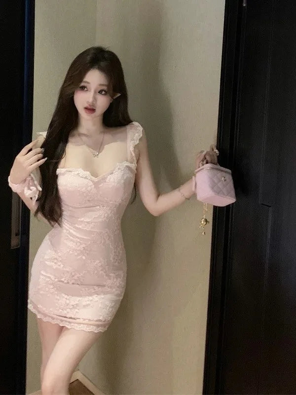 Sexy Lace Splice Short Sleeve  Dress Pure Desire Style Bodycon Dress Summer Season A-Line Skirt Gentle Style Single Piece