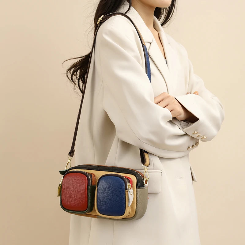 High Quality Thick Genuine Leather Multiple Pockets Messenger Bag Women Handbag 2025 Female Shoulder Bags Luxury Fashion Purse