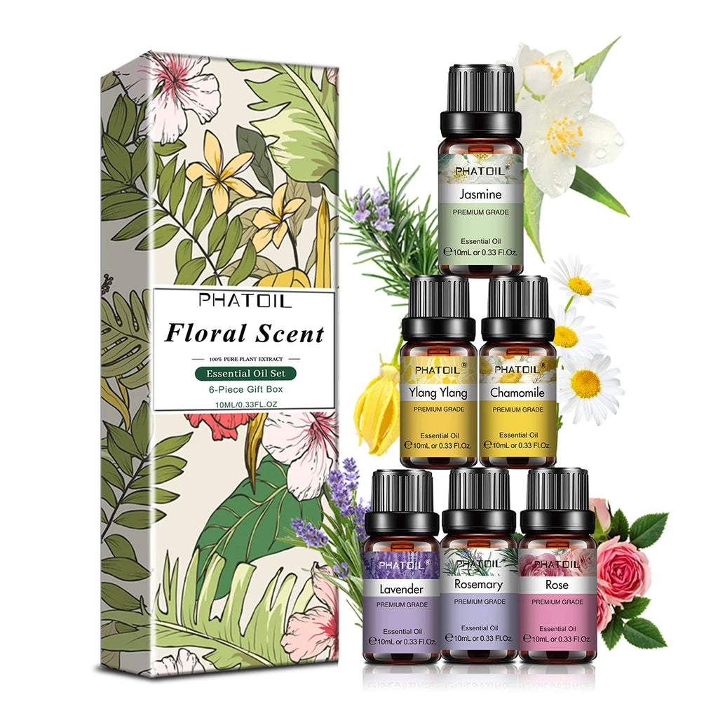 PHATOIL 6pcs Essential Oils Set For Diffuser Candle Making -10ML Lavender Eucalyptus Peppermint Tea Tree Sweet Orange Lemongrass