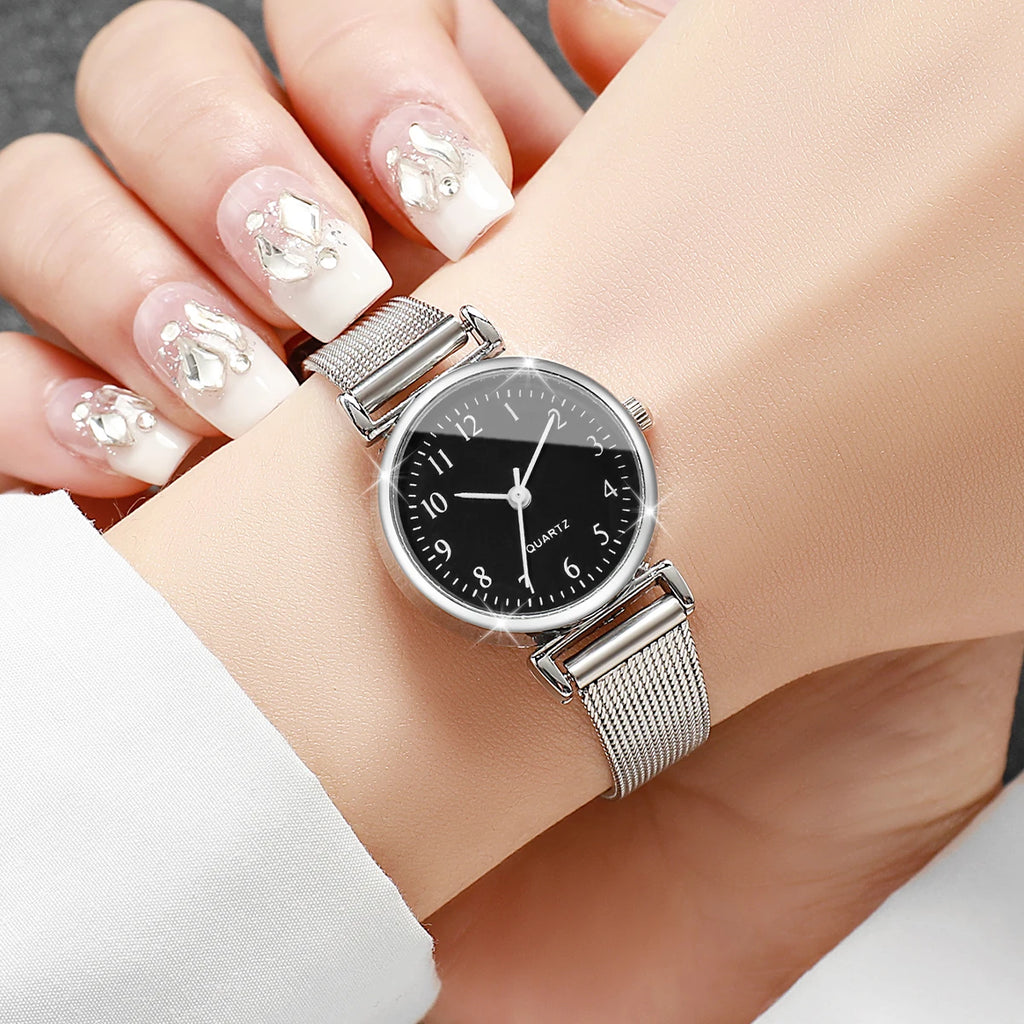 5PCS Fashion Arabic Dial Women Quartz Watch Rhinestone Jewelry Set Silvery Mesh Band Wristwatches Reloj Mujer（Without Box）