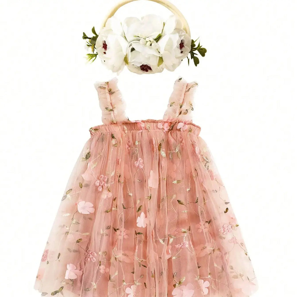 Baby Girl Sleeveless 3D Butterfly Floral Embroidery Ruffle Tulle Dress Toddler Birthday Party Tulle Dress with Headband