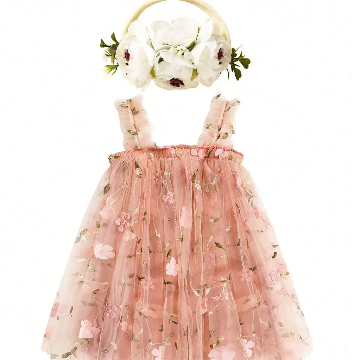Baby Girl Sleeveless 3D Butterfly Floral Embroidery Ruffle Tulle Dress Toddler Birthday Party Tulle Dress with Headband