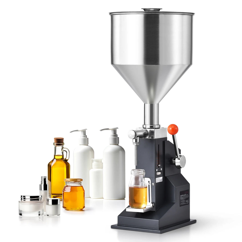 SucceBuy A03 5-50ml/5-100ml Manual Liquid Filling Machine Paste Bottle Filler Adjustable with Hopper for Water Shampoo Honey