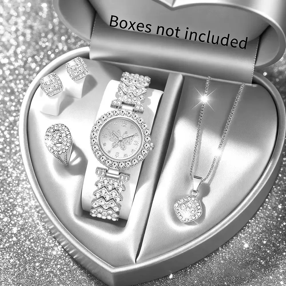 5PCS Luxury Rhinestone Butterfly Dial Women's Quartz Watch Elegant Ladies Bracelet Wristwatch Jewelry Set（Without Box）