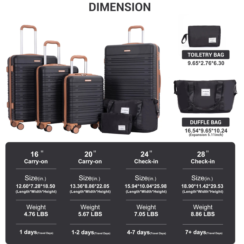 Luggage Sets 6 Piece, Suitcases with Double Spinner Wheels and TSA Lock, Hardcase 6 Set 16/20/24/28 Luggage with Travel Duffle Bag