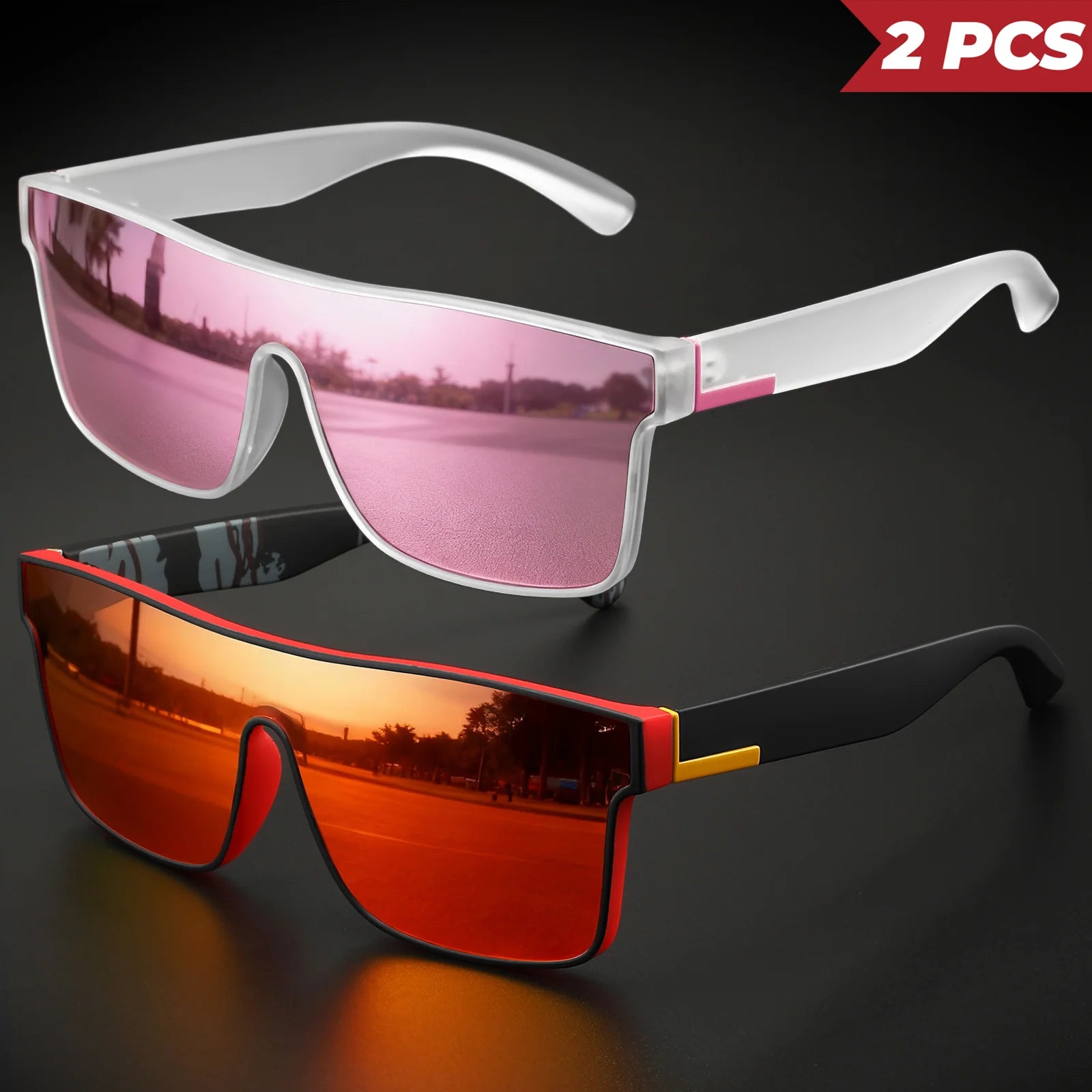 2PCS Classic Colorful Sports Sunglasses - One-Piece Lens, UV400 Unisex for Outdoor, Travel & Daily