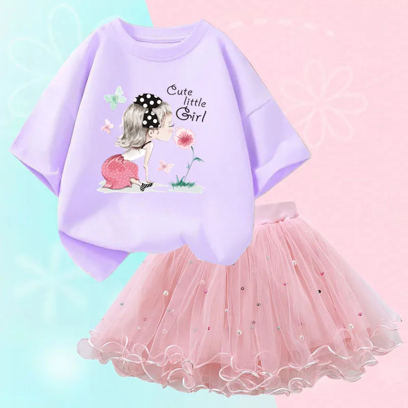 Fashion Summer Girls Outfits Pretty Ballet Dance Girl T-shirt and Tutu Skirt Set for Princess Clothes Suit Children Clothing