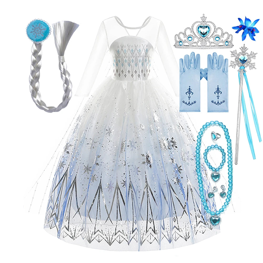Children Carnival White Elsa Cosplay Dress Girls Elegant Princess Costume Kids Halloween Birthday Party Clothes