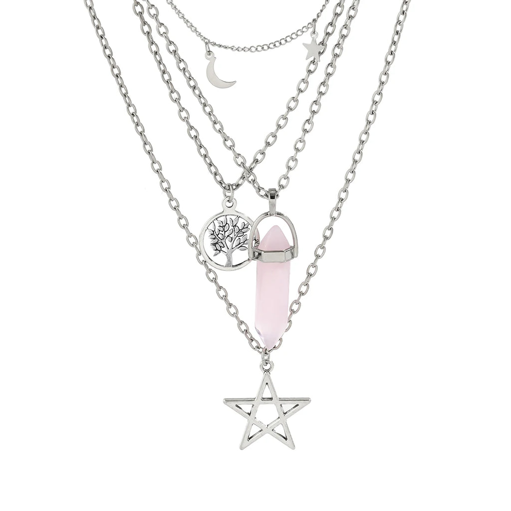 4Pcs Ethnic Pink Crystal Star Pentagram Pendant Choker Necklace for Women Elegant Moon Tassel Chain Party Jewelry Accessories