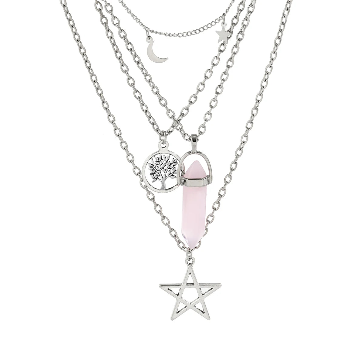 4Pcs Ethnic Pink Crystal Star Pentagram Pendant Choker Necklace for Women Elegant Moon Tassel Chain Party Jewelry Accessories