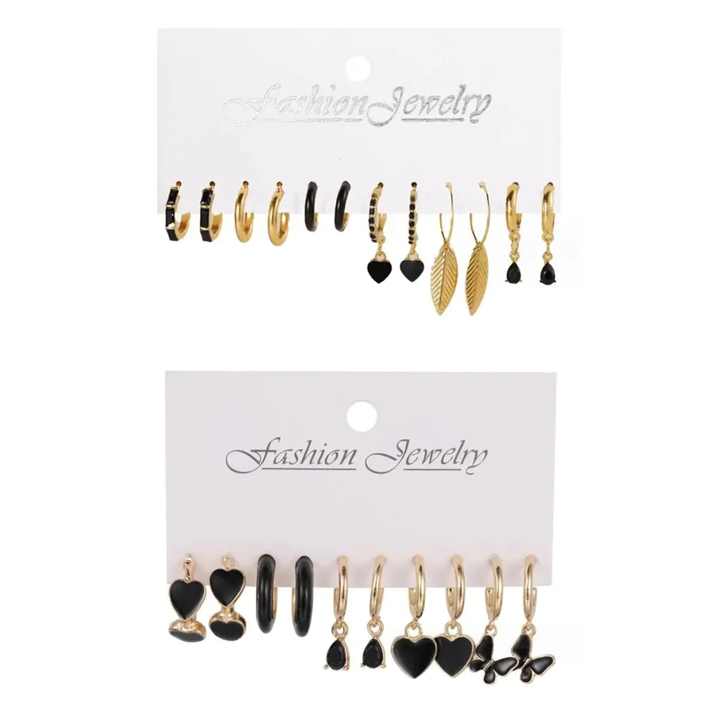 Simple 11 Pcs Black Heart  Leaf Butterfly Earrings Set for Women Fashion Temperament Hoop Earring Holiday Wedding Jewelry Gift