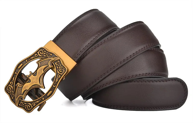 Vintage Bat Silver Gold Automatic Buckle Belt for Men Genuine Leather Plus Size Big 120 130 140 150 160 170cm Brown Black Belts