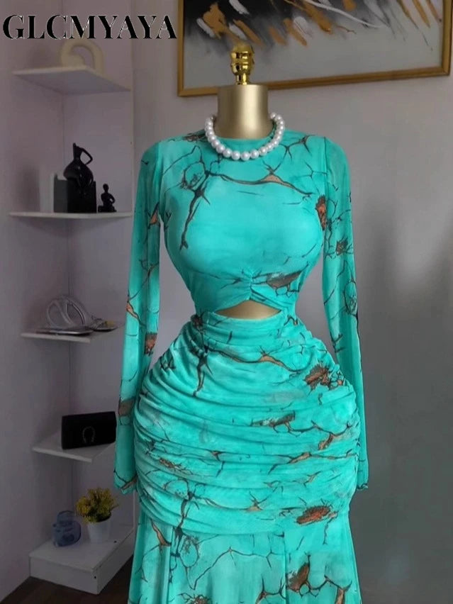 GLCMYAYA 2025 Fall Women O-neck Long Sleeve Print Mermaid Maxi Dress 2025 Evening Birthday Beach Sexy Night Party Long Dresses