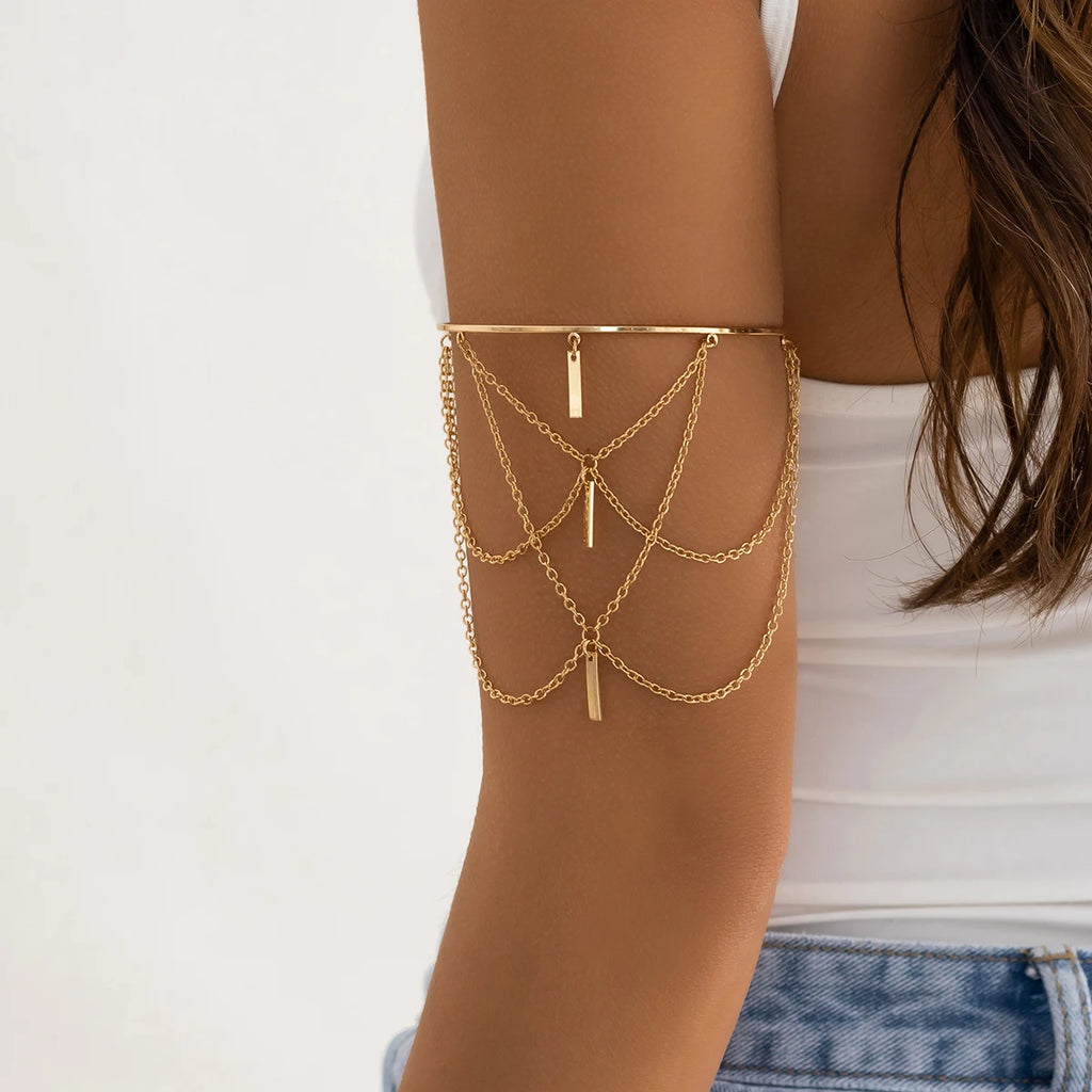 PuRui Gold Color Open Upper Arm Bracelet Women's Jewelry Rectangle Stick Charm Tassel Arm Bangle Party Summer Accessories New