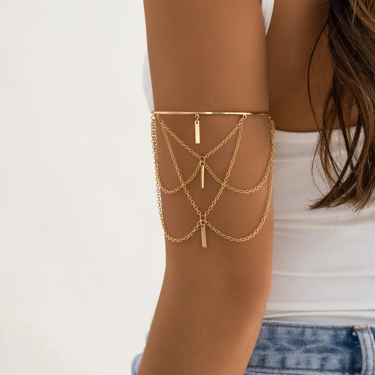 PuRui Gold Color Open Upper Arm Bracelet Women's Jewelry Rectangle Stick Charm Tassel Arm Bangle Party Summer Accessories New