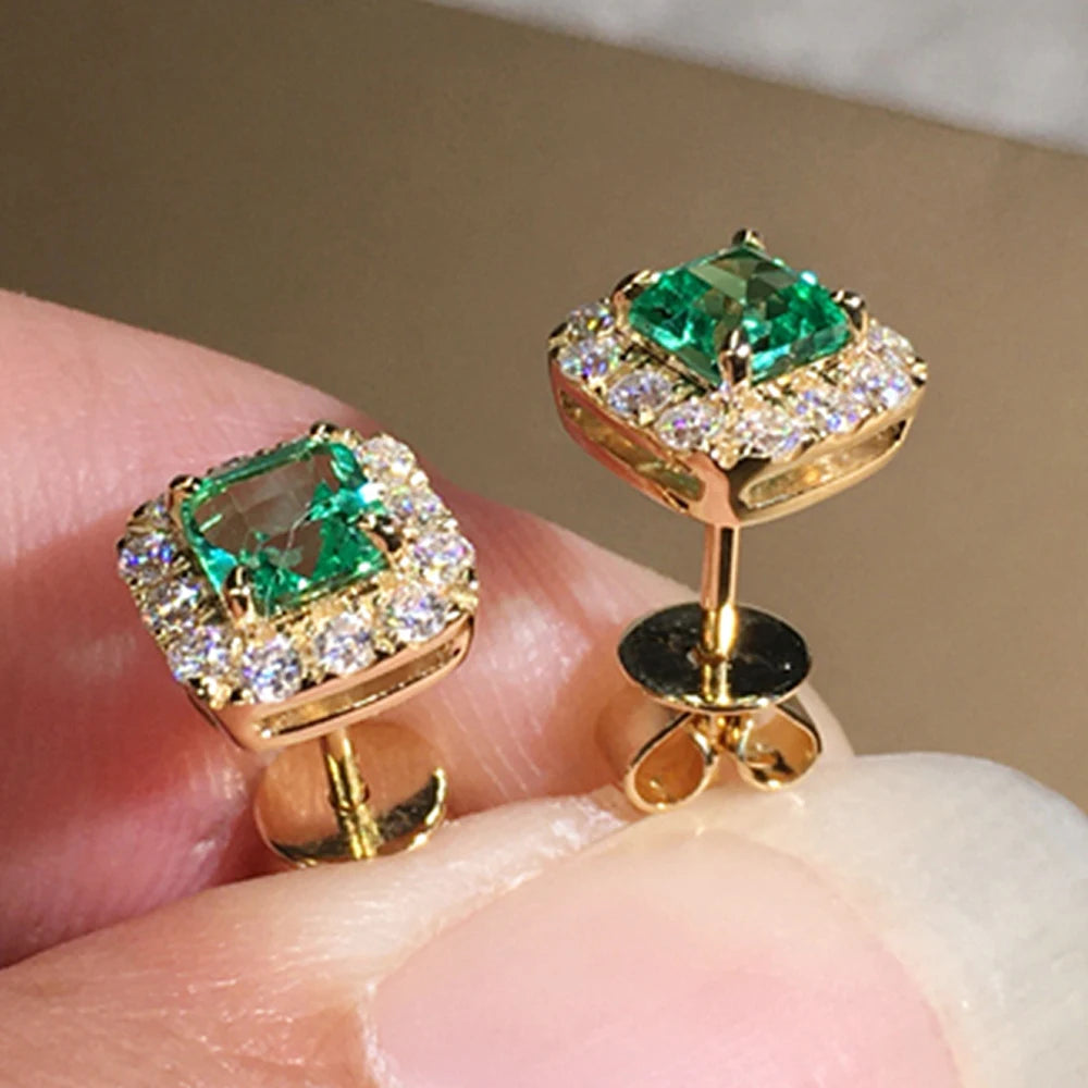 Huitan Eternity Green CZ Stud Earrings for Women Gold Color Luxury Bride Wedding Earrings Elegant Ear Accessories Party Jewelry